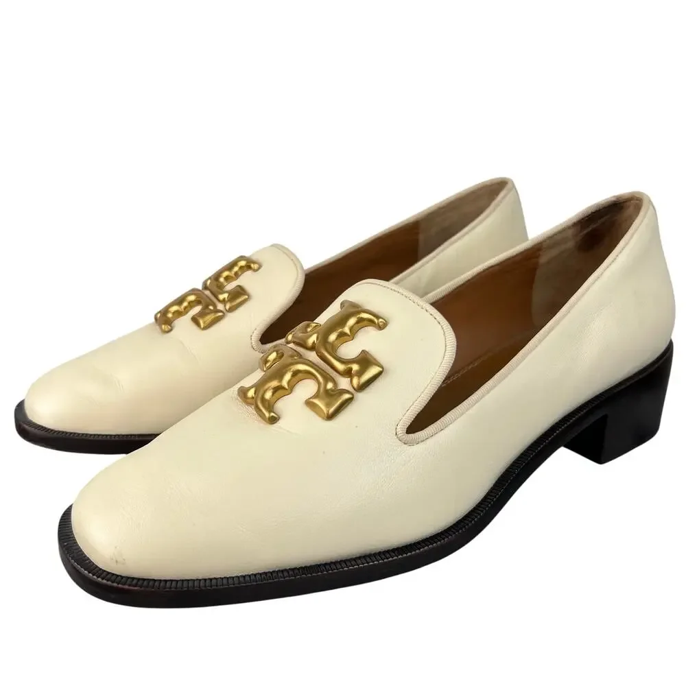 Tory Burch Eleanor Logo Block Heeled Shoes Ivory Leather Slip In Loafer (Sz 8.5)